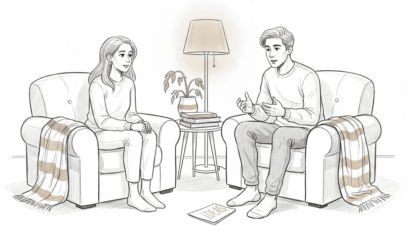 Una pareja conversa con atención en una sala tranquila, escuchándose mutuamente y compartiendo en un ambiente relajado.