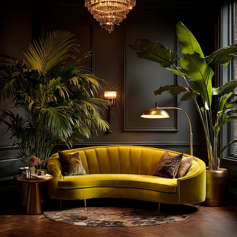 Yellow couch in green room with plants