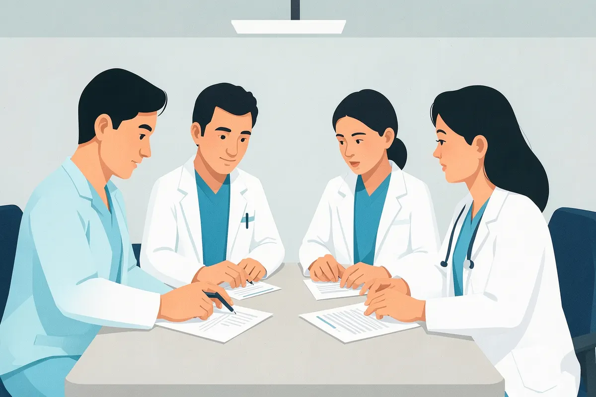 A group of diverse medical professionals in a meeting.