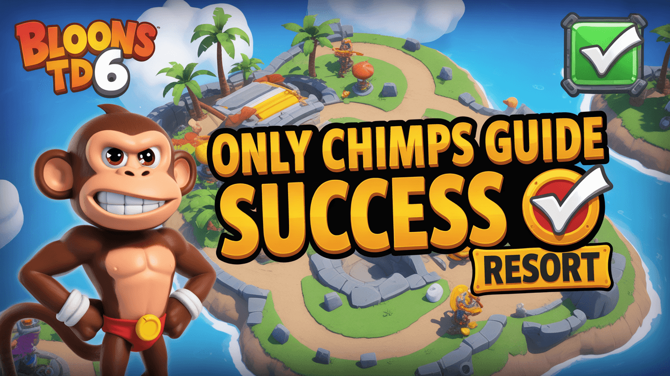Dart Monkey beside Resort map with ONLY CHIMPS GUIDE SUCCESS and RESORT text