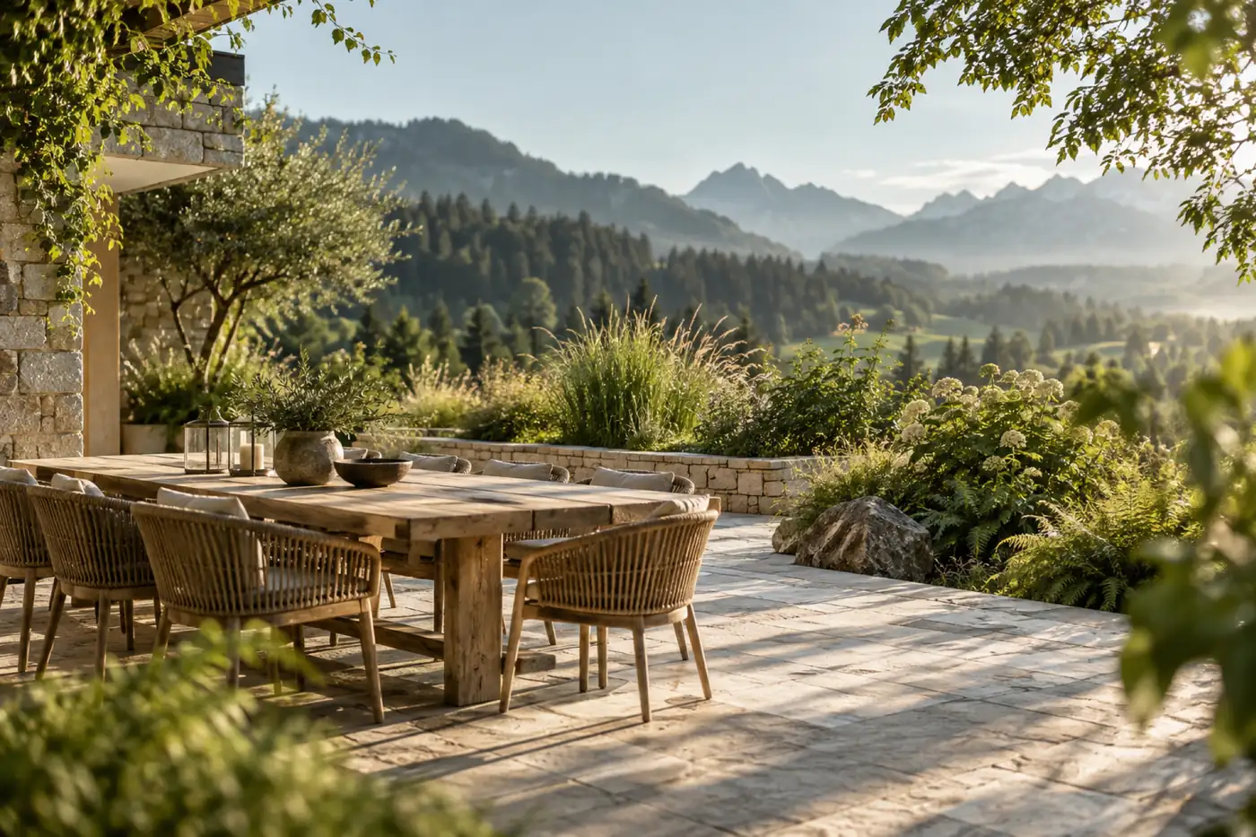 Stone terrace with a wooden table and planted garden
