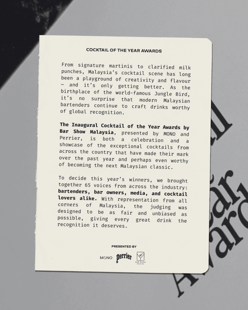 A printed document about the Cocktail of the Year Awards in Malaysia, highlighting creativity in the cocktail scene and the collaboration between MONO and Perrier to recognize exceptional cocktails and bartenders.