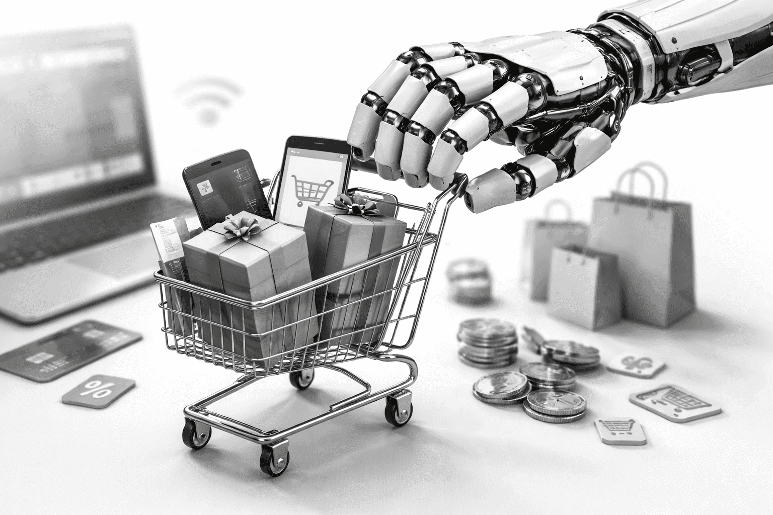 Ilustração de inteligência artificial no e-commerce: mão robótica empurrando carrinho de compras com smartphone, presentes e cartão de crédito, representando automação de compras online, IA no varejo digital e comércio eletrônico inteligente.
