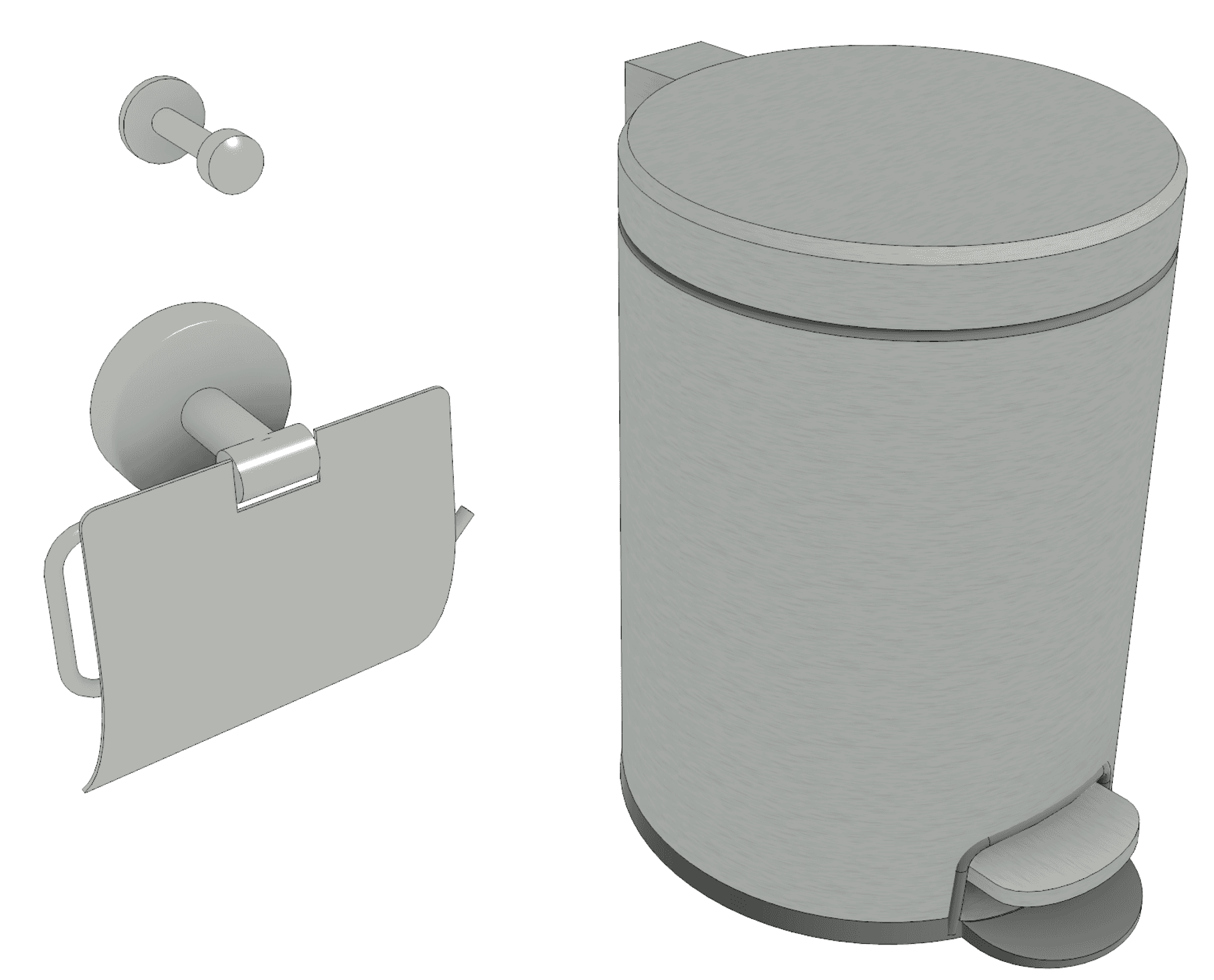 Perspective 3D view showing robe hook, toilet roll holder and pedal bin.