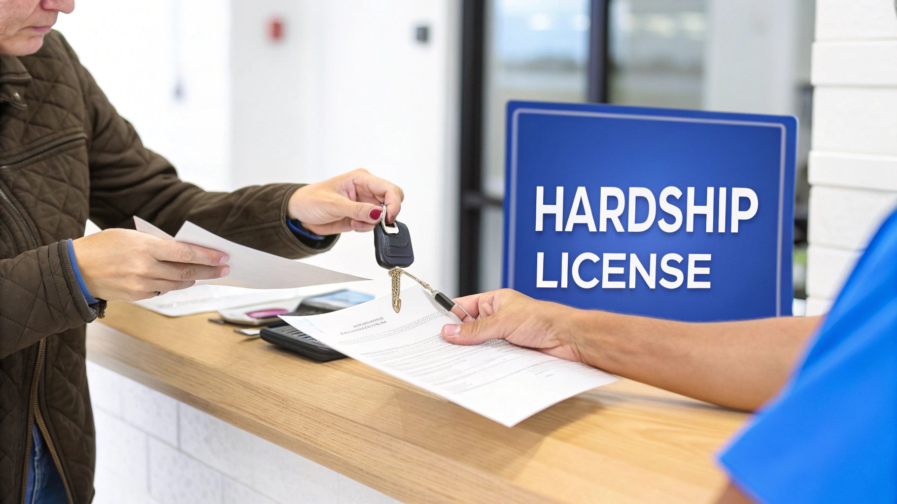 A person hands car keys and documents to an official at a counter with a 'HARDSHIP LICENSE' sign.
