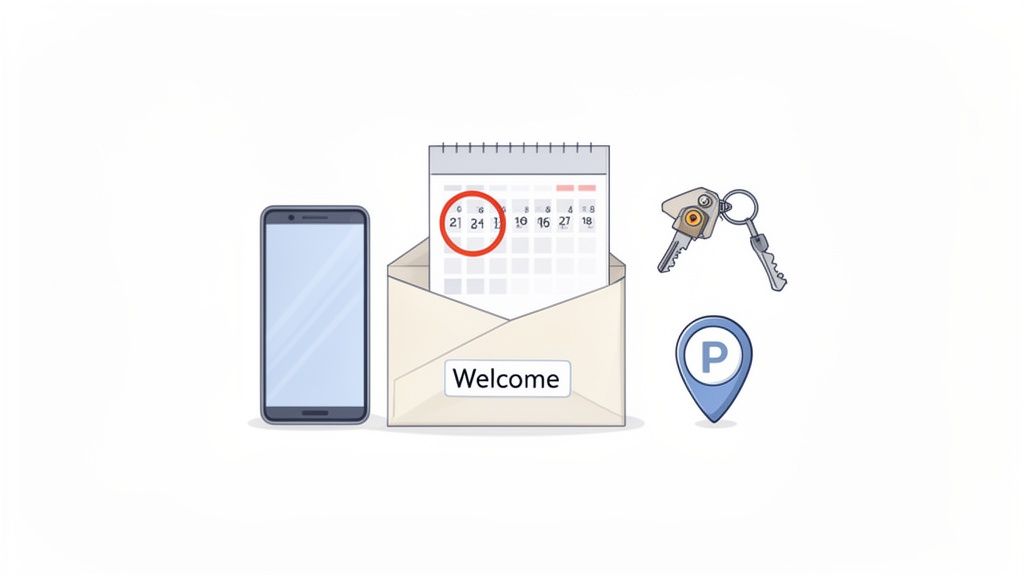 Digital and physical items for new employee onboarding: phone, calendar, keys, and parking spot.