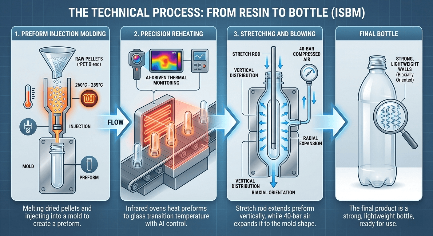 Technical description of how plastic bottles are made in plastic manufacturing 