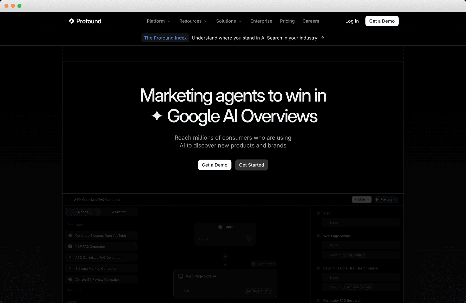 Profound homepage, Marketing agents hero