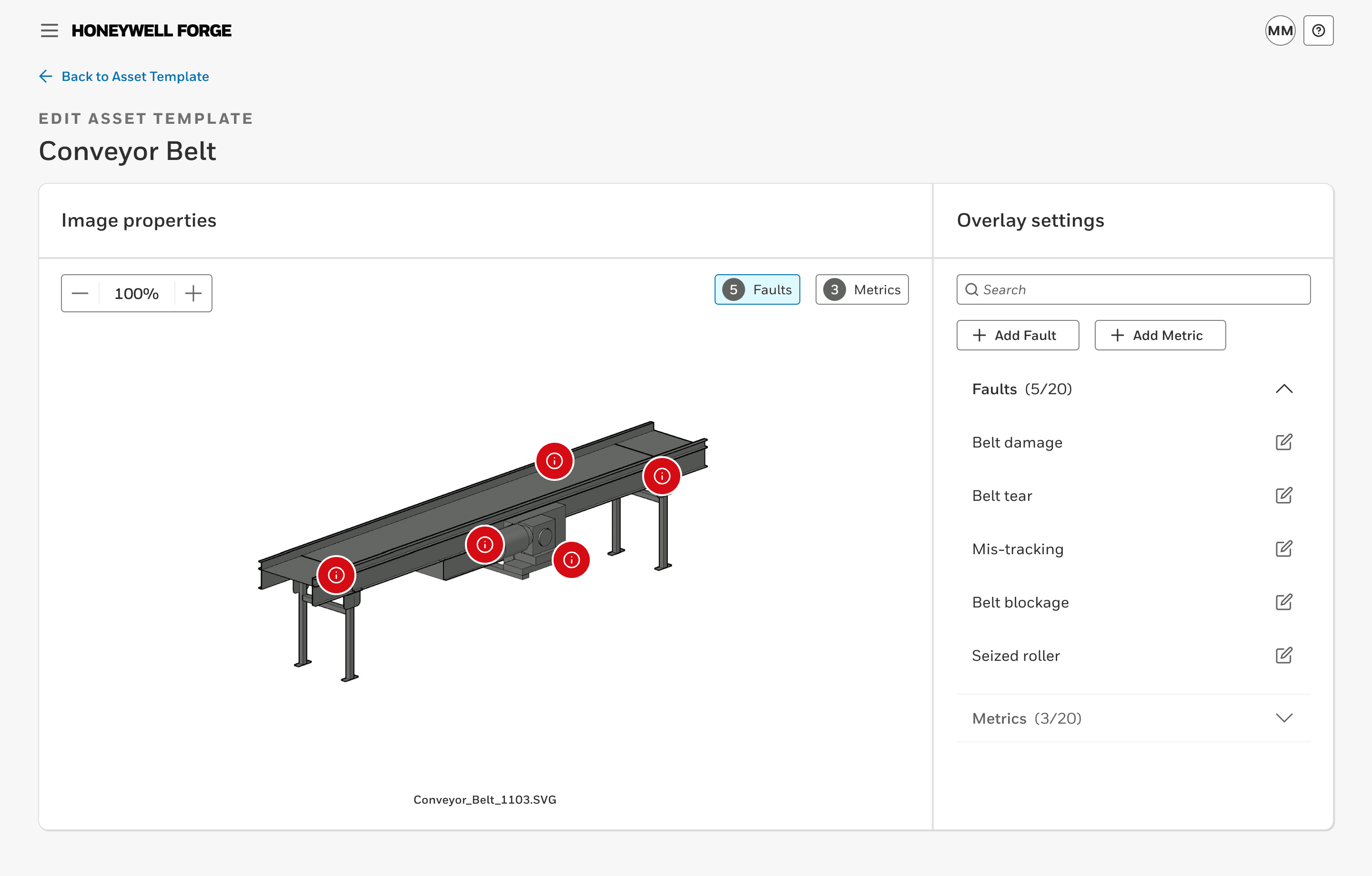 Image properties page with 5 fault overlays