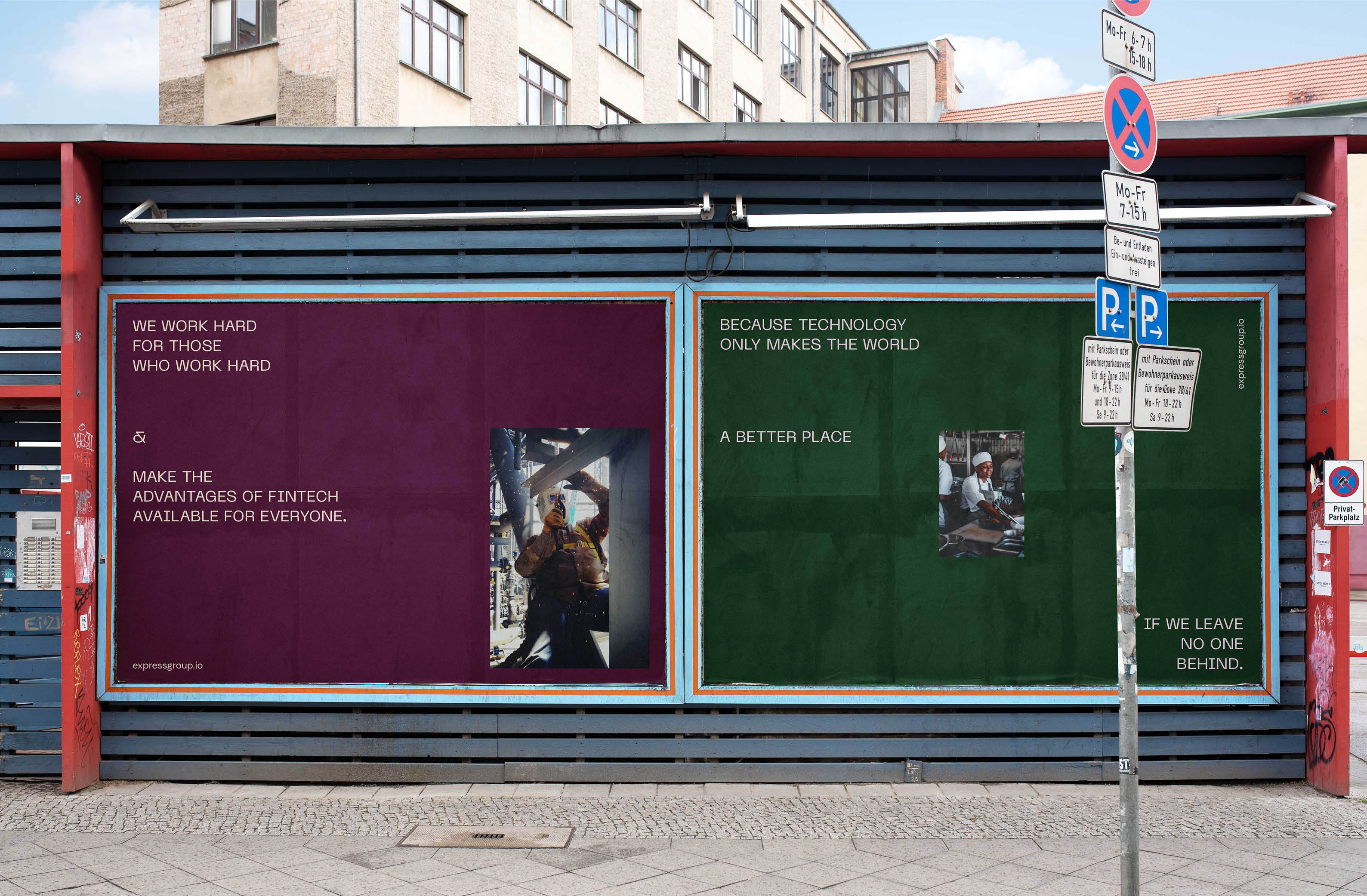 Urban billboard featuring ExpressGroup branding with bold statements in white text on deep burgundy and green backgrounds, accompanied by photos of workers and the tagline emphasizing inclusive fintech accessibility.