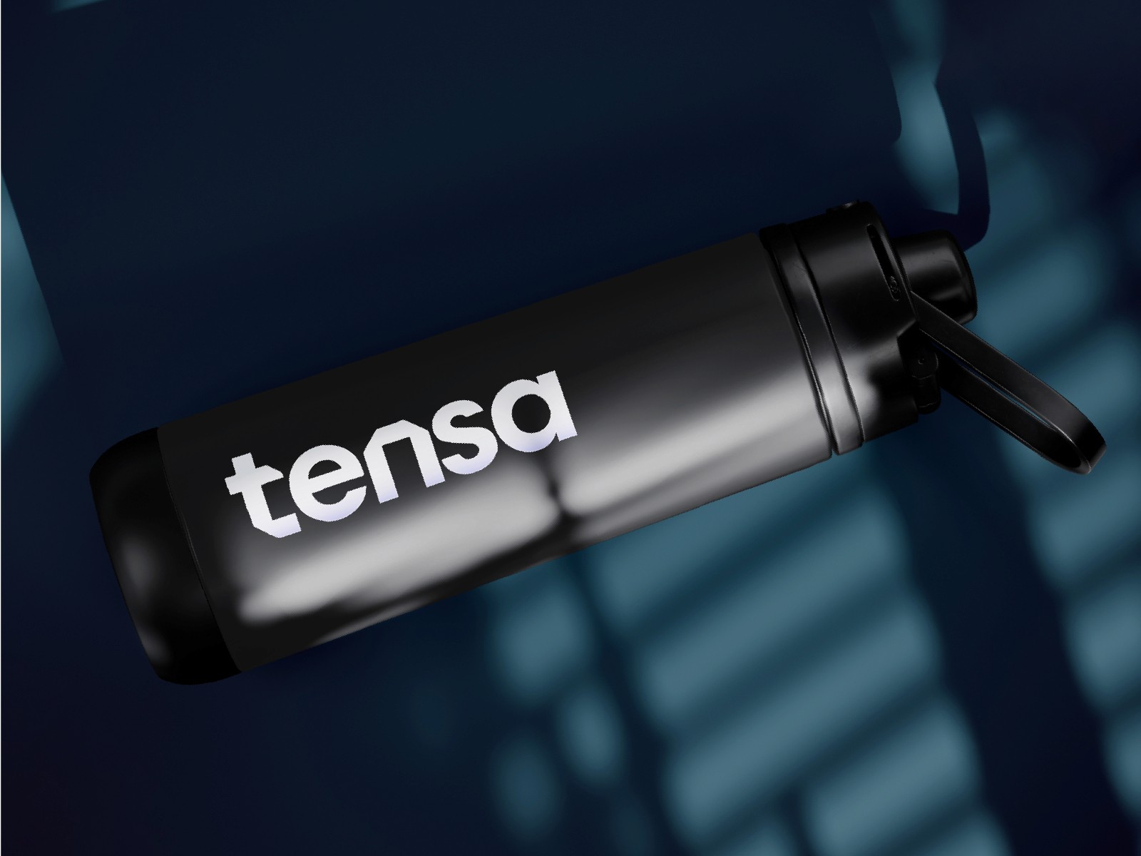 A black reusable insultated water bottle with a white Tensa logo printed on it