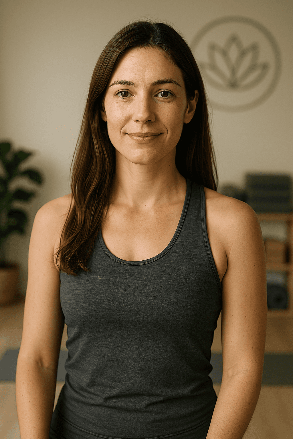 female yoga teacher brown lon hair