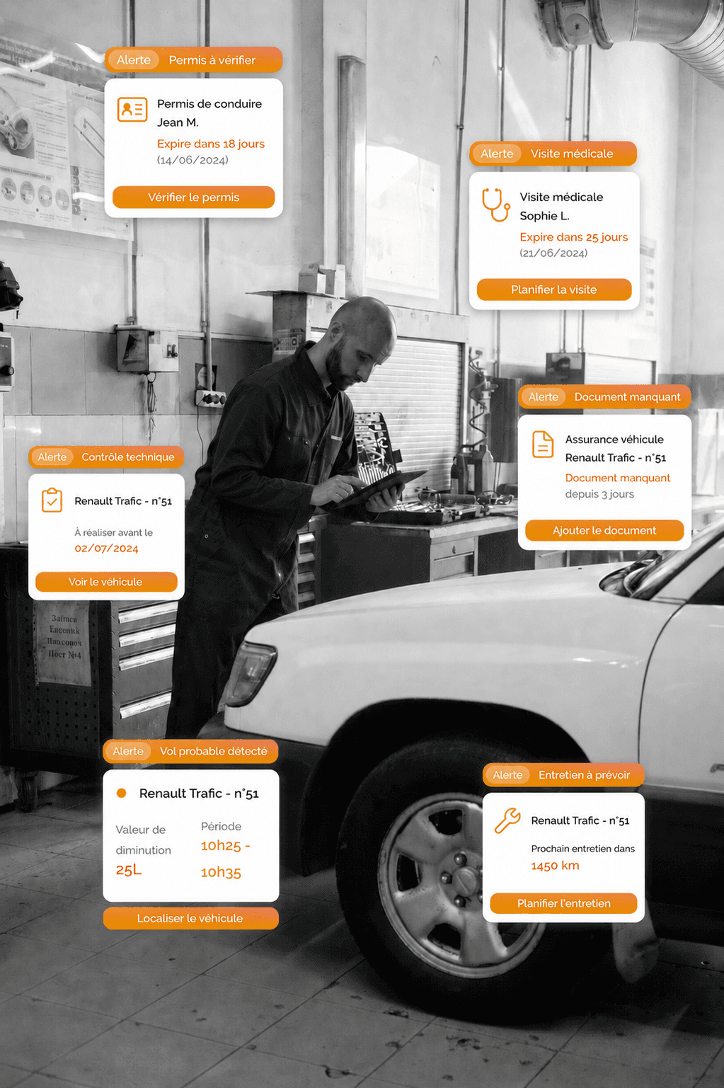 Tableau de bord des échéances de permis de conduire et de visites médicales avec alertes 60 et 30 jours dans Fleeti