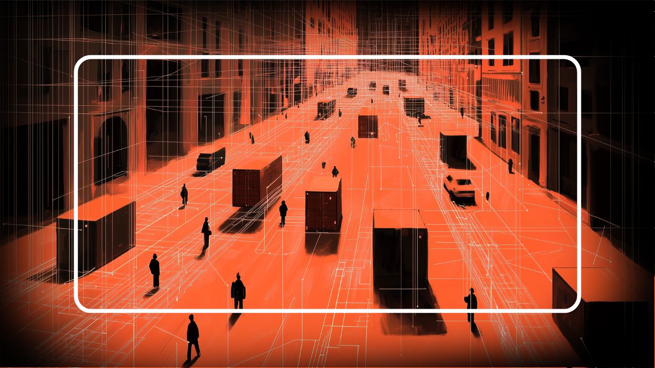 Abstract city street with people walking among large cargo containers in a red digital overlay
