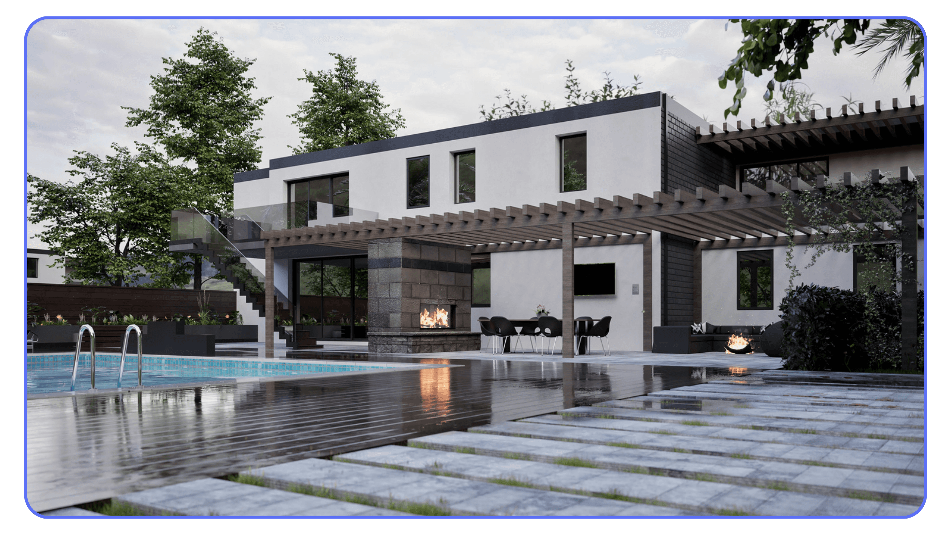 Modern Twinmotion exterior render showing a contemporary house with pool, wood decking, and real-time reflections