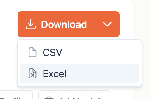 Screenshot of the download button expanded, so the user has the choice between exporting to CSV or Excel