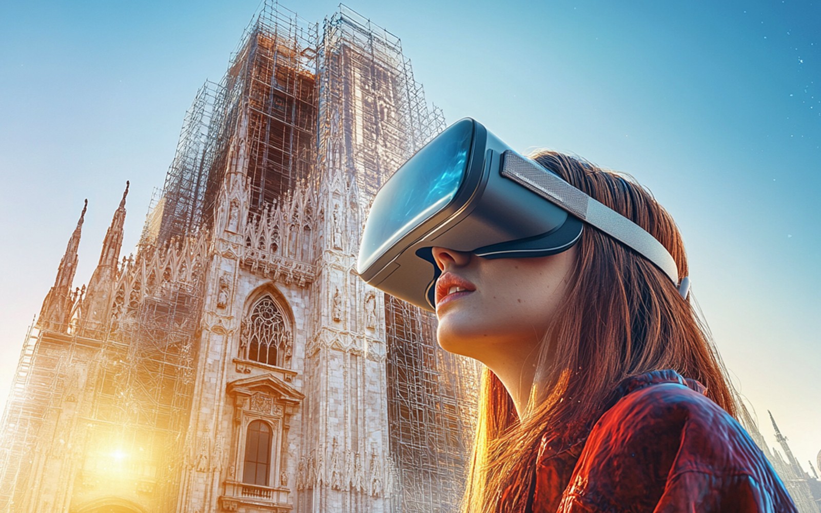 Person using VR headset in front of Duomo Milan Cathedral.