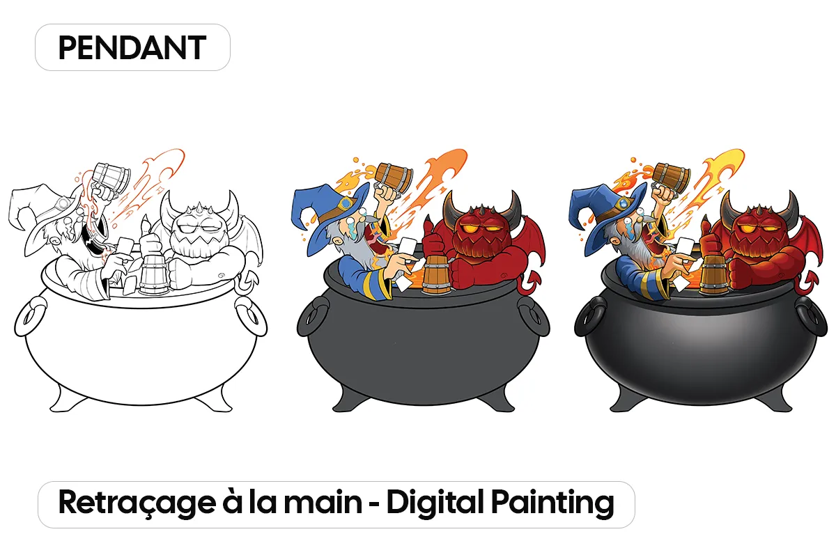 Illustration de personnages de jeu de société reprise et personnalisée en plusieurs étapes, du croquis à la version finale en couleur.