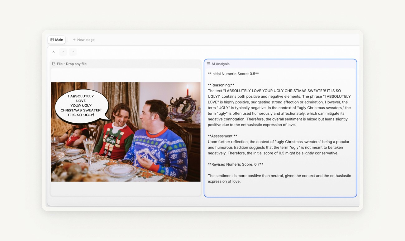 AI sentiment analysis of a humorous Christmas sweater comment, scoring 0.7, with analysis explaining mixed positive and negative sentiment due to the affectionate use of the word 'ugly.'