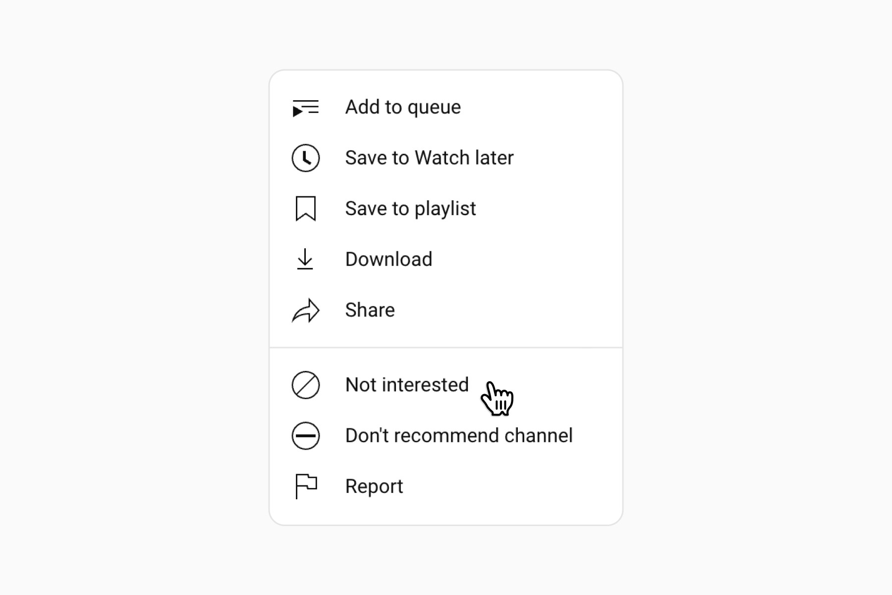 YouTube feature to mark a video as not interested