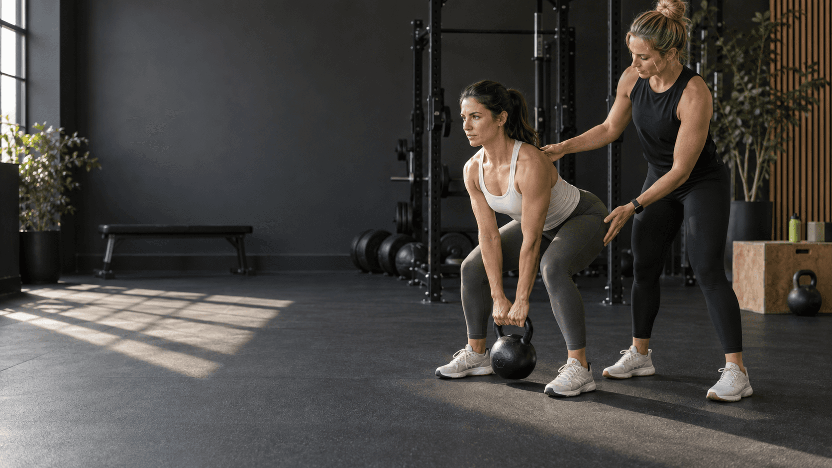Strength coach guiding a client through a kettlebell deadlift