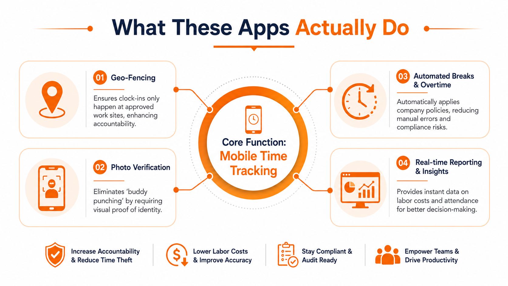 An infographic showing the four core functions of a mobile time clock app for workforce management.