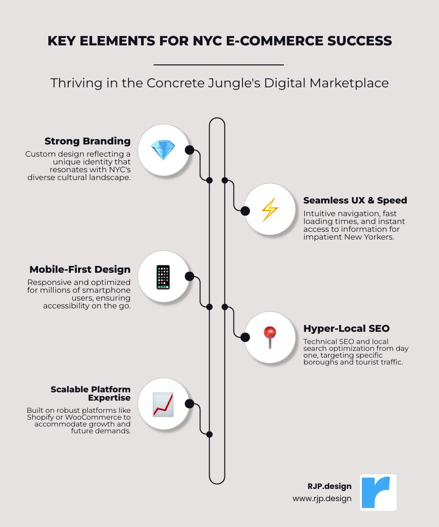 Infographic explaining the key elements of a successful NYC e-commerce site: strong branding, seamless UX, mobile-first design, and local SEO focus. - ecommerce web design new york infographic infographic-line-5-steps-elegant_beige
