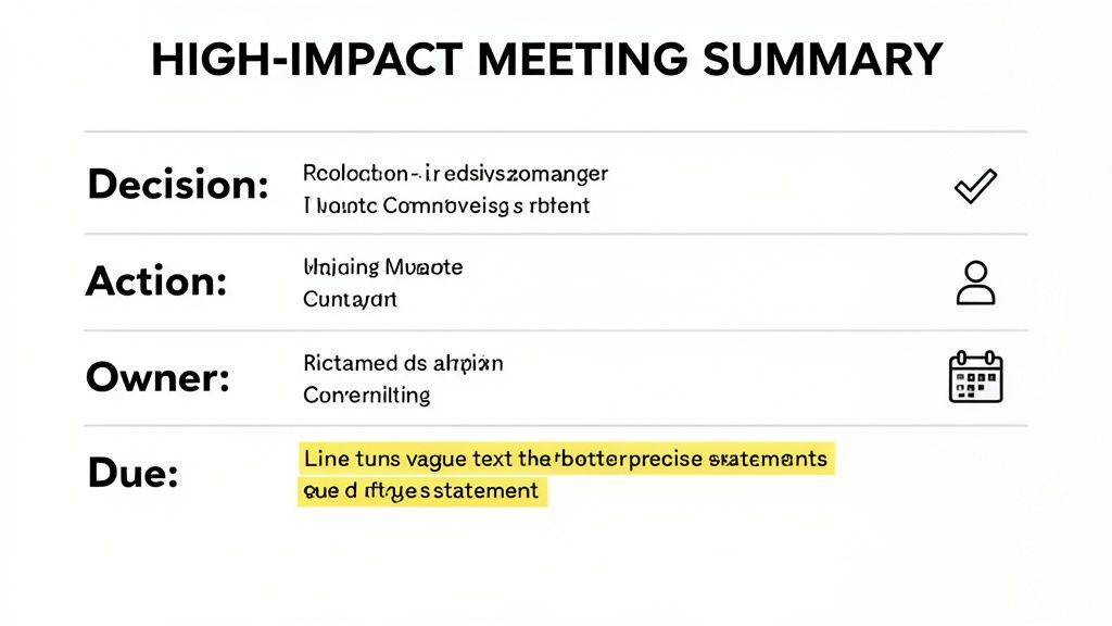 A high-impact meeting summary document with placeholder text for decisions, actions, owners, and due dates.