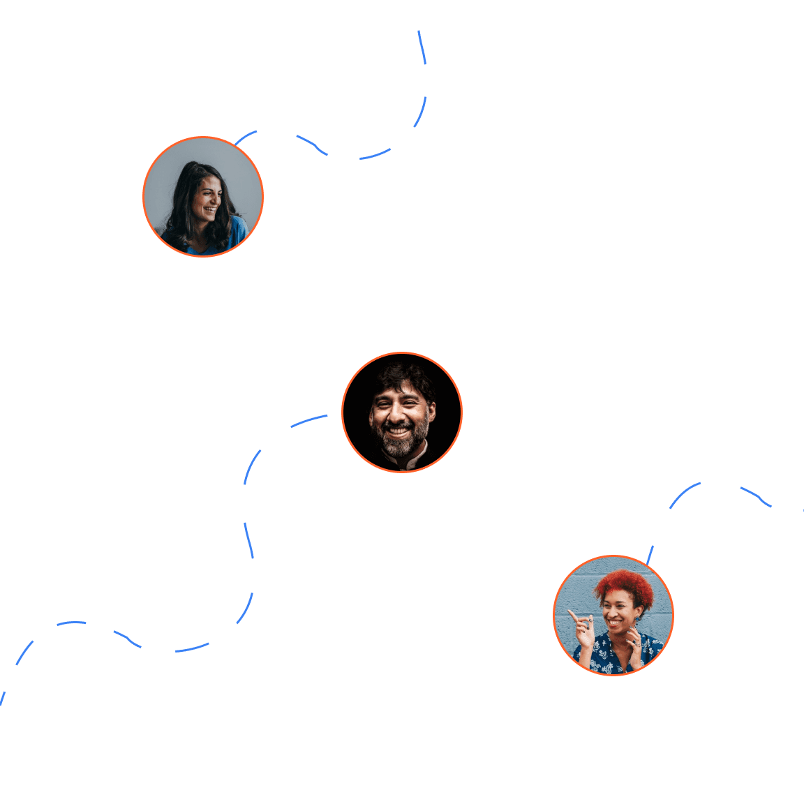 Three team member profile photos connected by dashed lines on a dark background