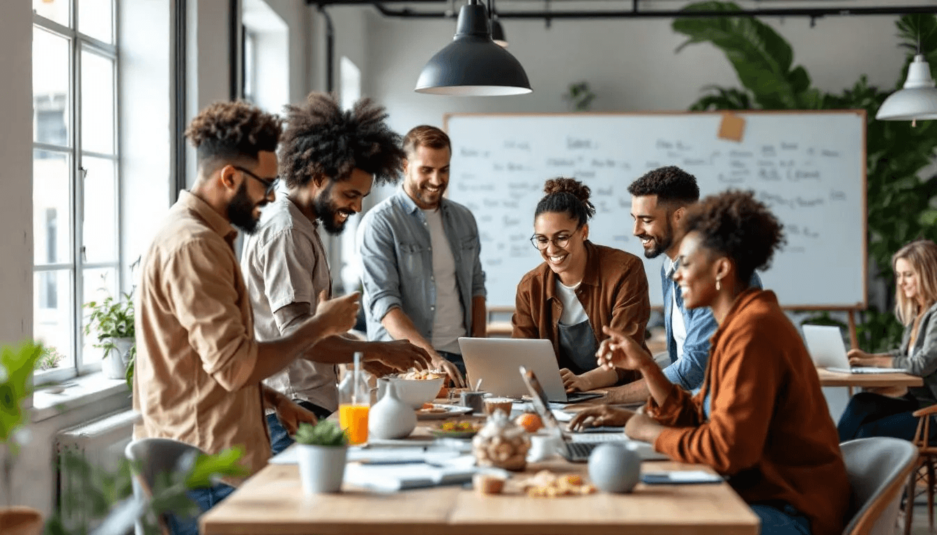 A diverse group of customers and employees collaborates to create user-generated content, showcasing their engagement in content creation for social media platforms. This scene highlights the importance of brand loyalty and community building through effective marketing strategies and ugc campaigns.