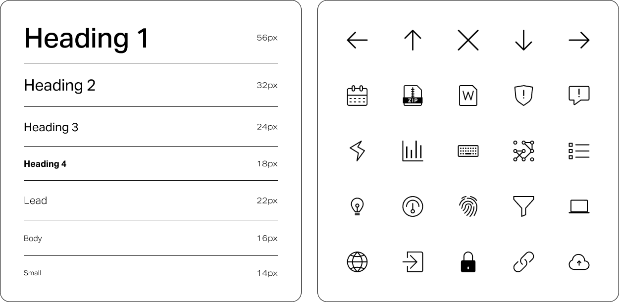Visual displaying the heading styles on the left and a sample of the UI icon library on the right