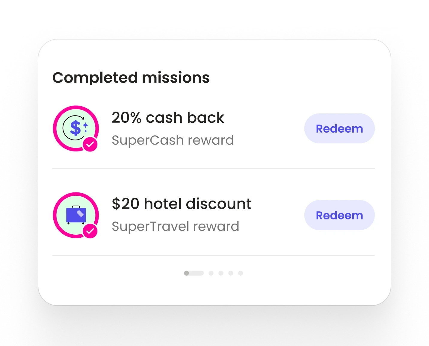SuperCash app screen displaying the Completed Missions section. Two missions are shown: ‘20% cash back’ and ‘$20 hotel discount,’ each with a pink checkmark icon and a purple ‘Redeem’ button on a light pink background.