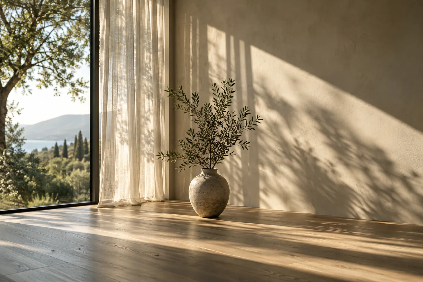 Sunlight from a tall window across a plaster wall