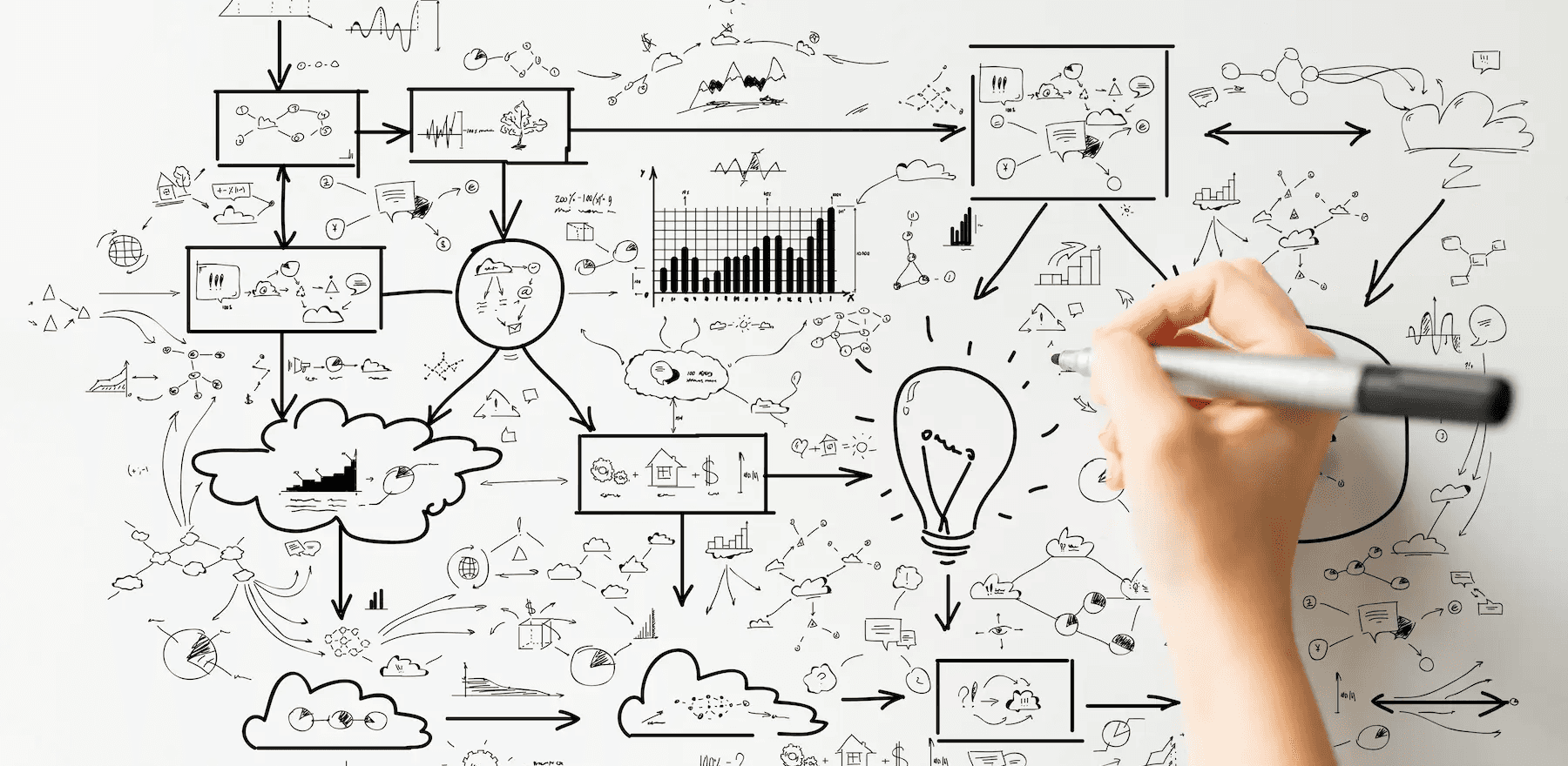 Hand mit Stift zeichnet viele verschiedene Möglichkeiten auf Papier - von Grafiken, über Glühbirnen, über Vorgehensweisen