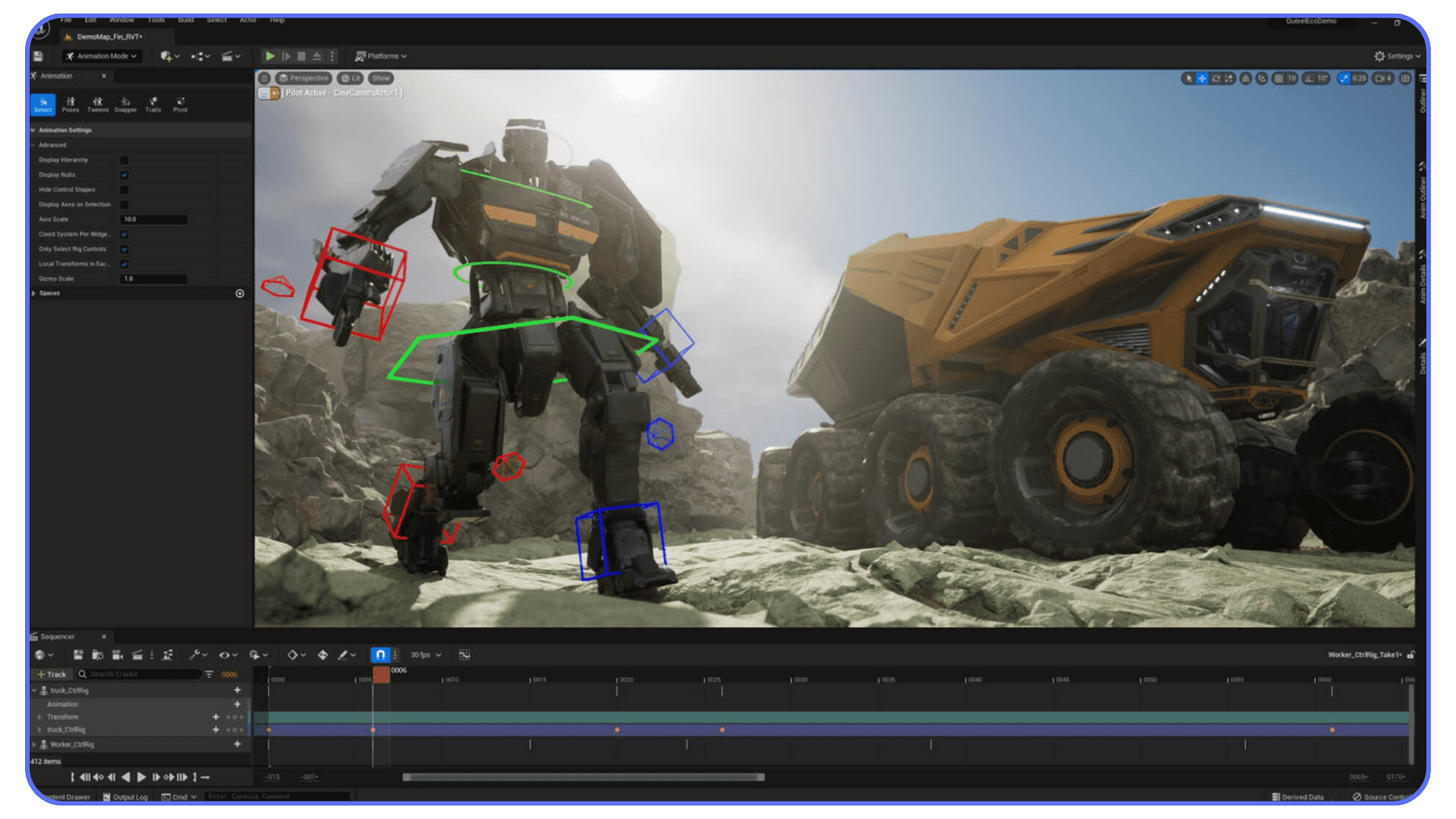 A robot character being animated inside Unreal Engine, with control rigs highlighted and a mining vehicle in the background.