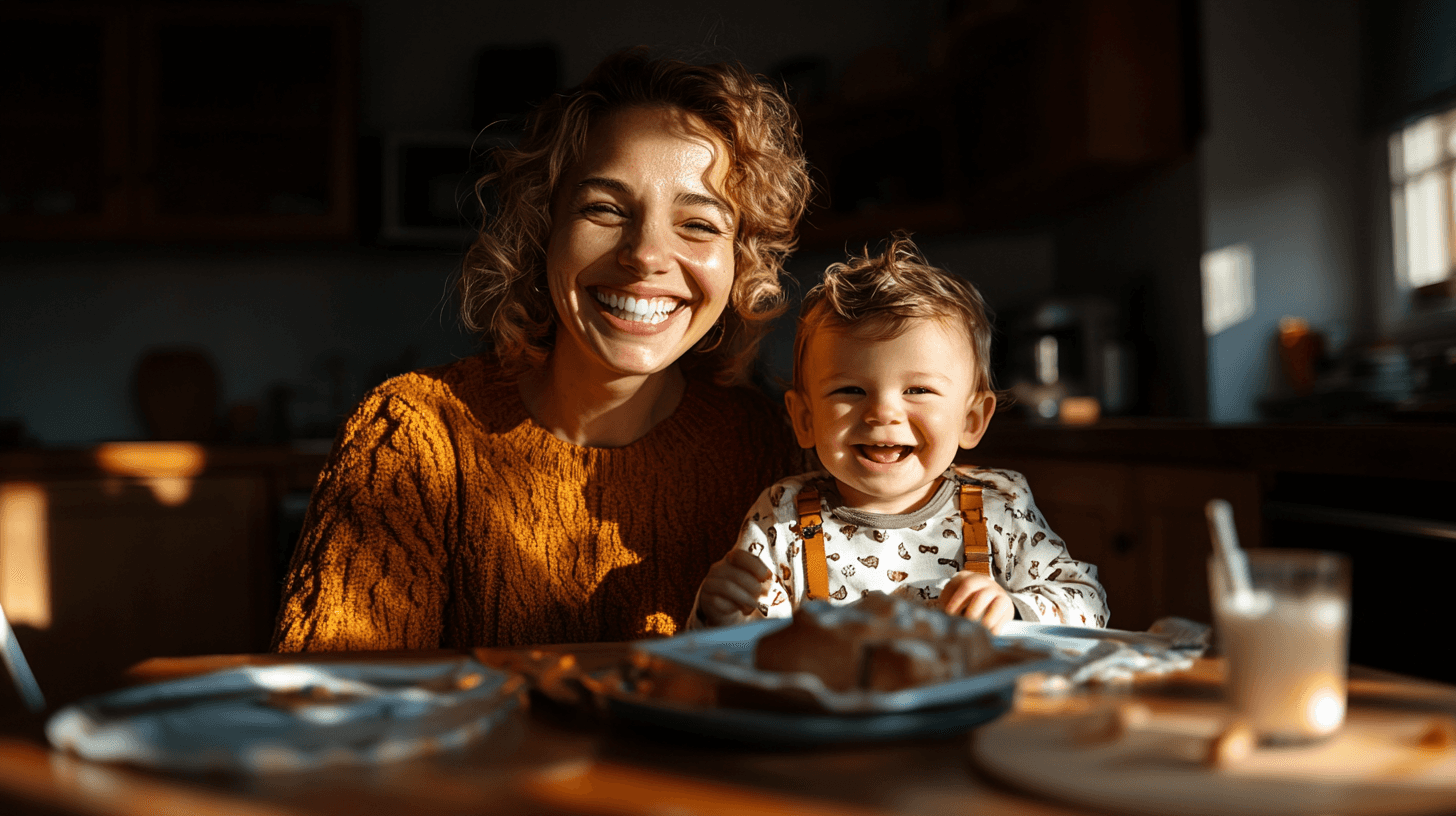 A joyful nanny and child laughing together on a colorful couch, showcasing the flexibility and connection part-time care provides.