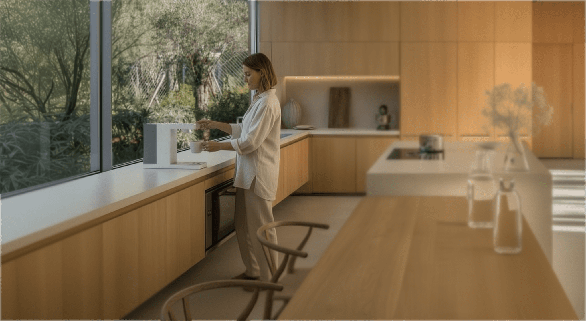 Woman pouring water from a dispenser in a modern kitchen.