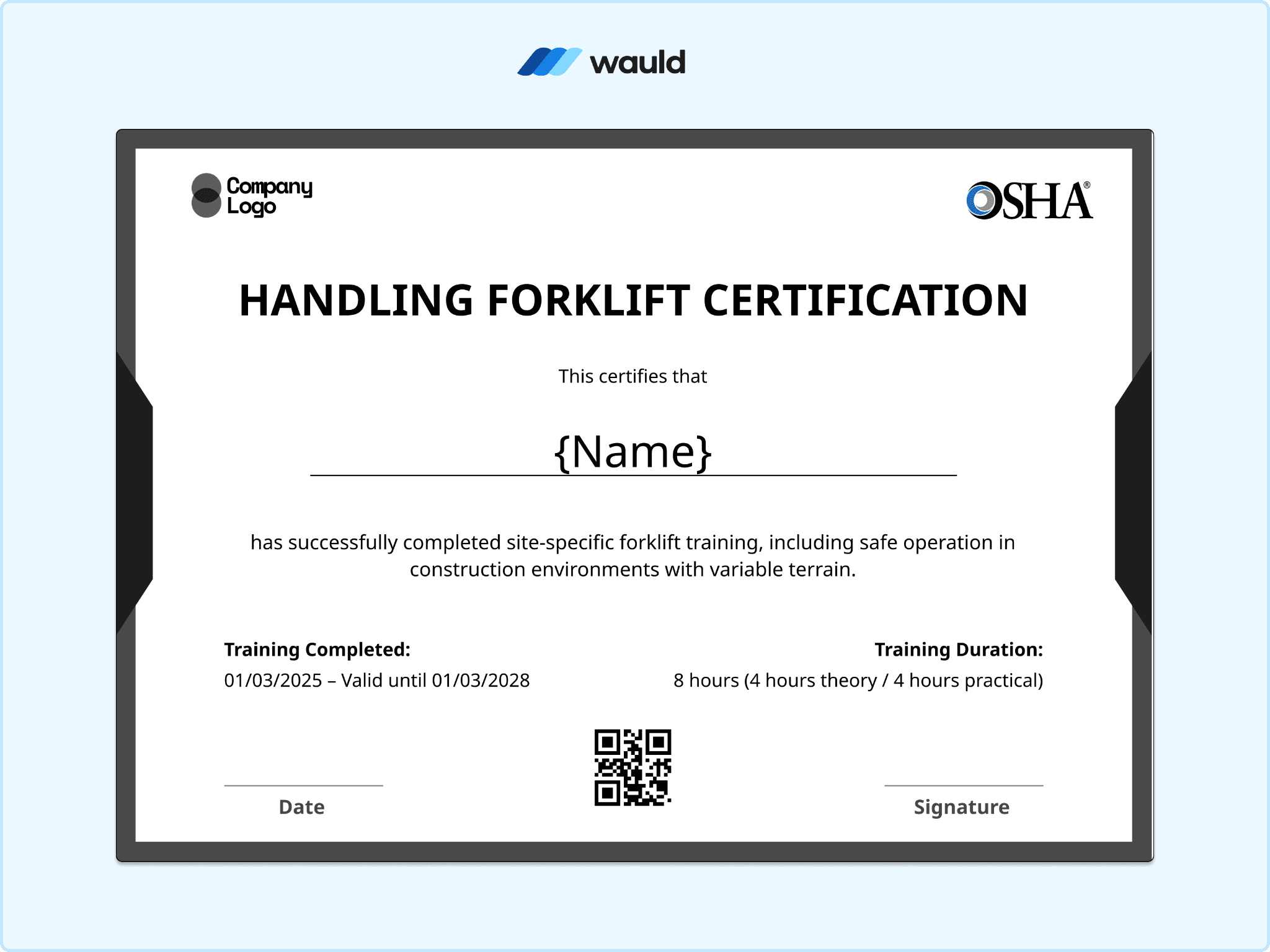 Black and white handling forklift certification template with bold typography, recipient name field