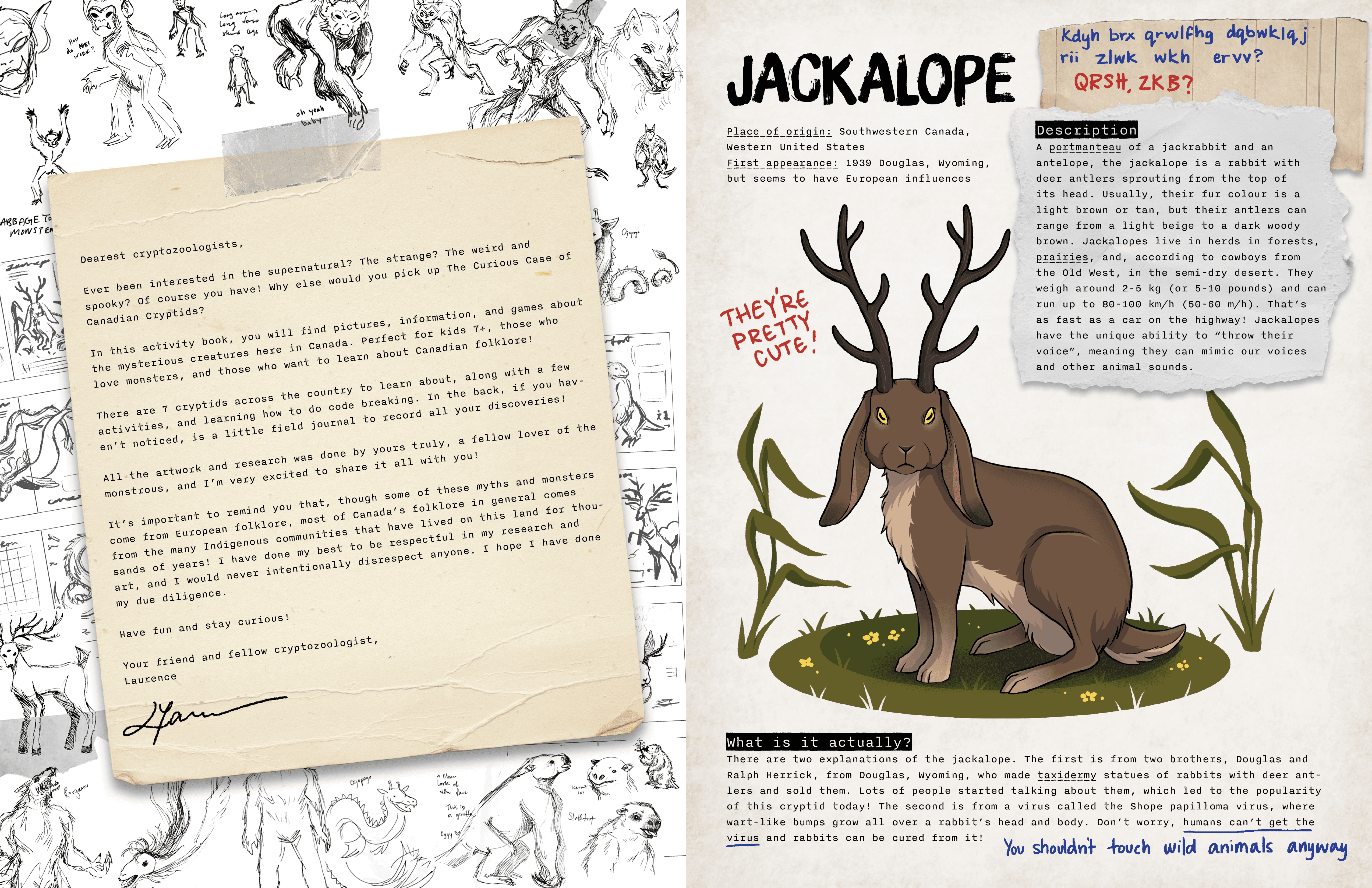 Two pages of the activity book. Left is the editor's note, right is an info page about the jackalope