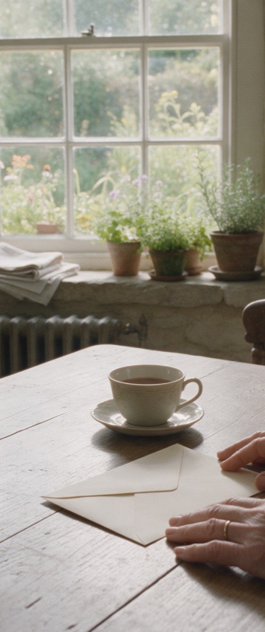 A cottage window, a cup of tea and an unopened letter on a kitchen table