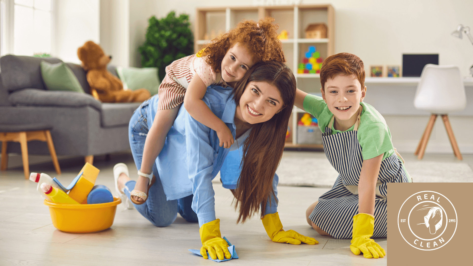 a happy mom with kids house cleaning together