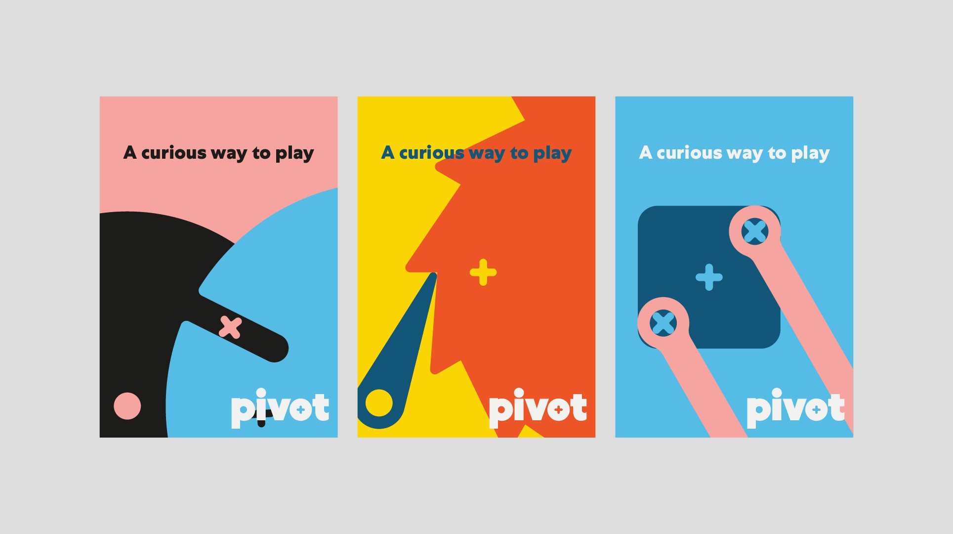 Three vertical rectangular posters display the logo "pivot" in white text at the bottom. Each poster features distinct color schemes and imagery: a pink background with a black abstract shape, a yellow background with a stylized orange shape, and a blue background with pink and teal abstract shapes. Each poster includes the text "A curious way to play" above the logo.