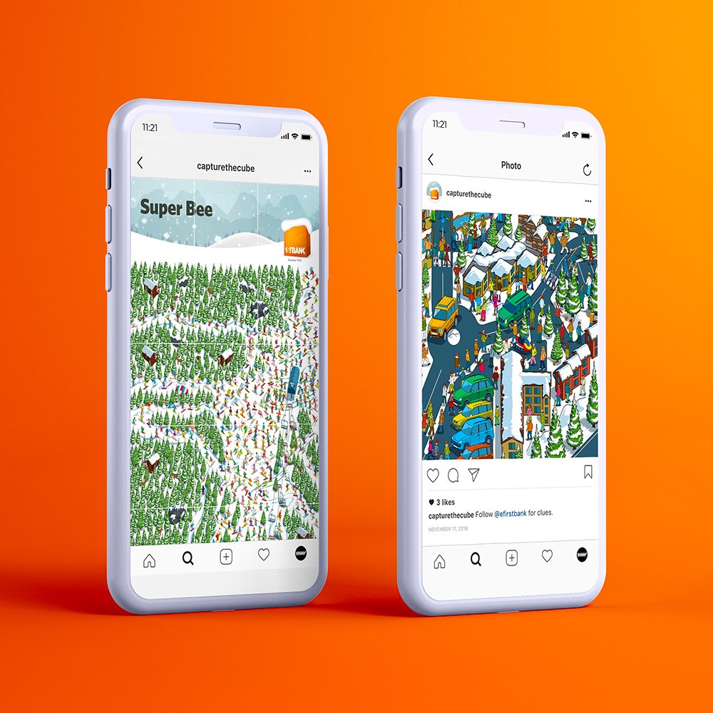 Two phones on bright orange background showing various of Instagram posts on Capture the Cube campaign.