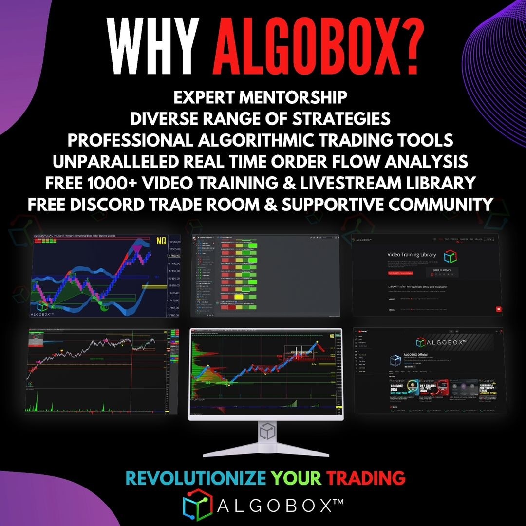 WHY ALGOBOX?  EXPERT MENTORSHIP DIVERSE RANGE OF STRATEGIES PROFESSIONAL ALGORITHMIC TRADING TOOLS UNPARALLELED REAL TIME ORDER FLOW ANALYSIS FREE 1000+ VIDEO TRAINING & LIVESTREAM LIBRARY FREE DISCORD TRADE ROOM & SUPPORTIVE COMMUNITY  REVOLUTIONIZE YOUR TRADING  ALGOBOX™