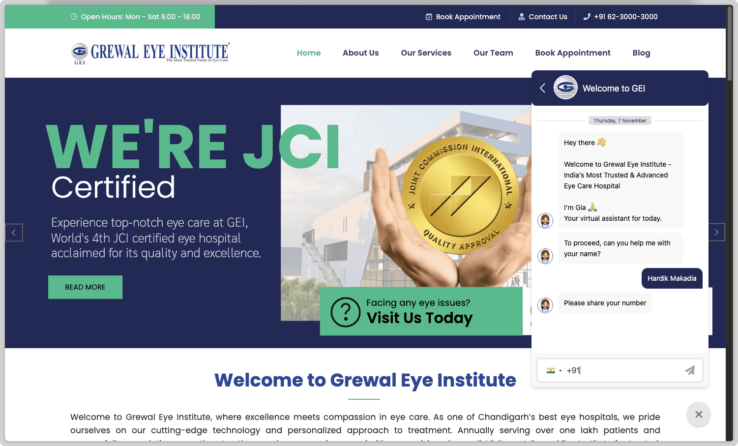 chatbot deployed in grewal eye institute website