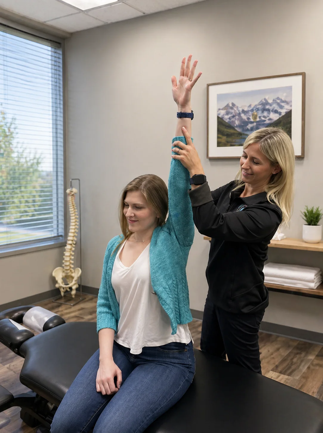 Provider performing a neuromuscular movement assessment for non-surgical pain treatment