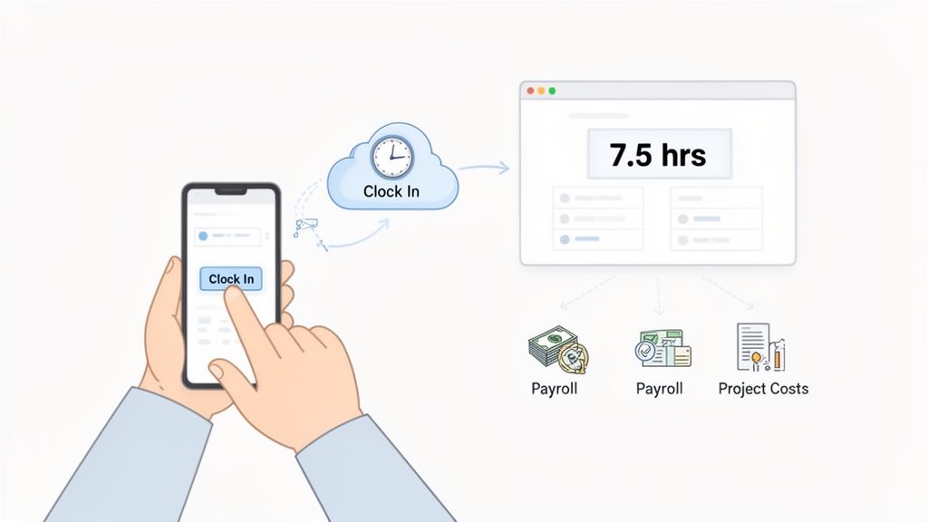 A person clocks in on a phone, sending time data to a system that calculates hours for payroll and project costs.