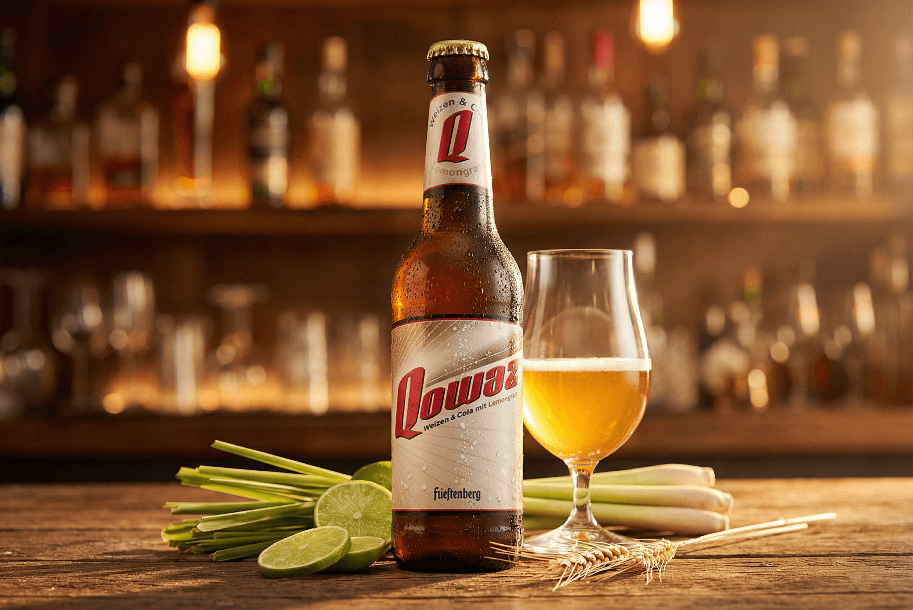 Lowenbrau beer bottle, glass, limes, and lemongrass