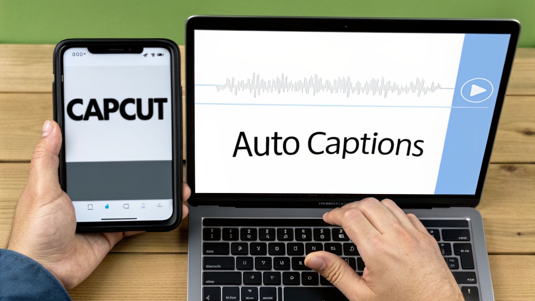Hands operate a smartphone showing CapCut and a laptop displaying 'Auto Captions' for video editing.
