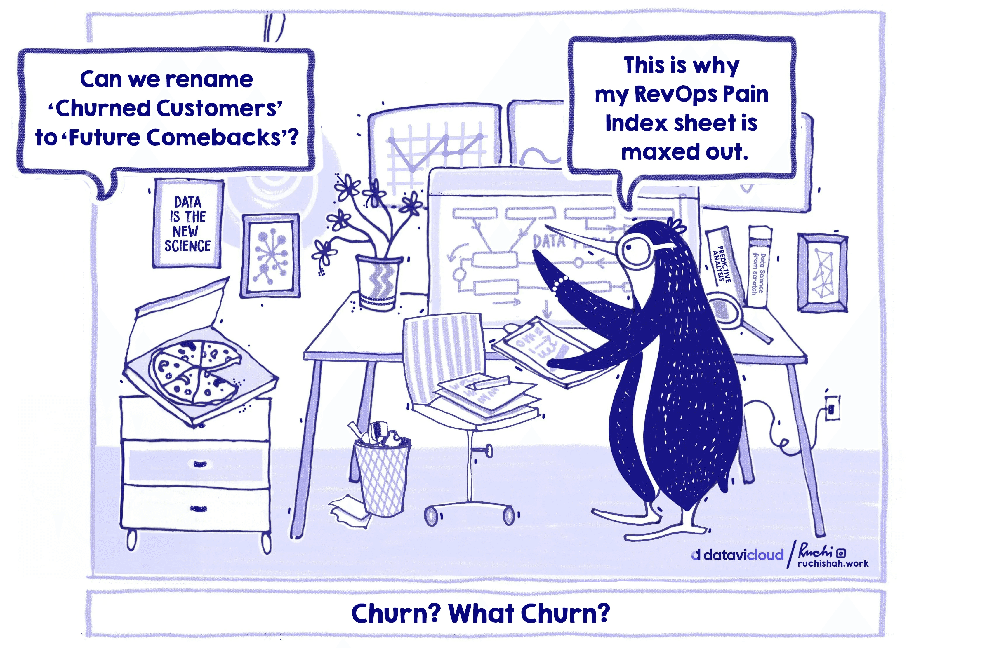 A satirical business cartoon of a data penguin in an office looking at a "RevOps Pain Index" sheet. The penguin suggests renaming "Churned Customers" to "Future Comebacks" to hide CRM data fragmentation. It highlights the need for AI-driven sales intelligence and pipeline truth.